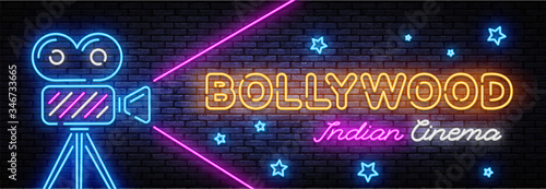 Bollywood indian cinema Neon sign Vector. Movie neon banner, design template, modern trend design, night signboard, night bright advertising, light banner, light art. Vector illustration photo