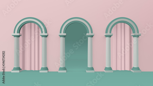 3d render illustration of colonnade. Modern trendy design. Pink and green colors.