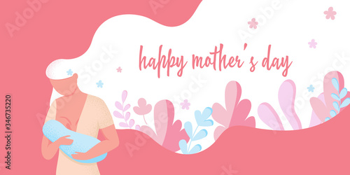 Mother's day card. Young woman holding her newborn baby and nursing him in hands. Lactation concept. Breast feeding week banner, happy mother day clip art.