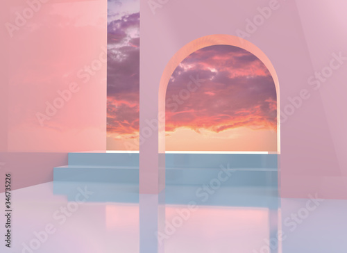  3d render illustration. Background with architectural elements. Large window overlooking the sky. Modern trendy design.