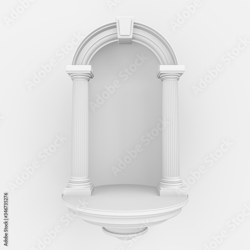  3d render illustration. Background with geometric composition include:semicircular podium with columns. Modern trendy design. White color.