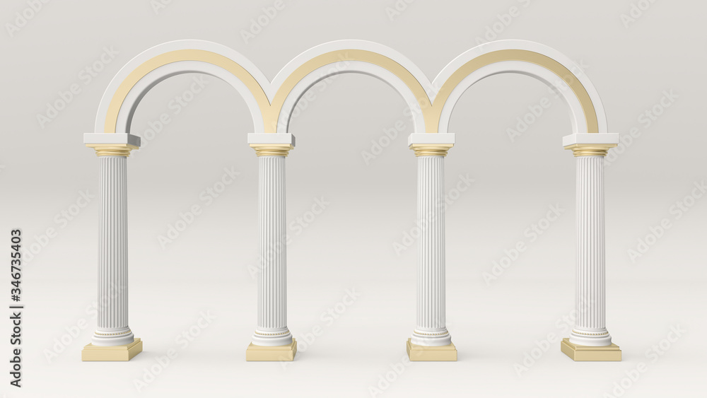 3d render illustration of colonnade. 
Modern trendy design. White and gold colors.
