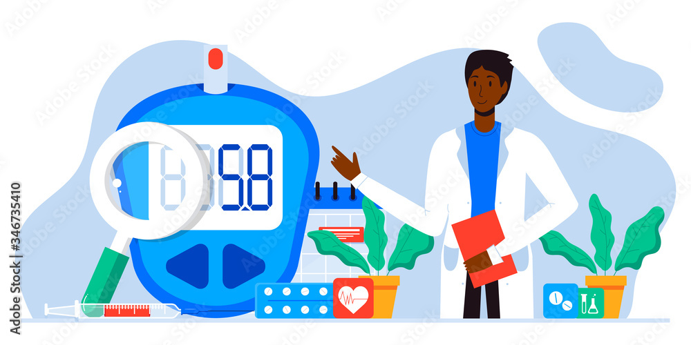 World diabetic awareness day. Glucometer, blood glucose meter, pills, syringe, insulin vial. Diabetes concept. Blood sugar test with doctor, lab assistants. For web landing page template, banner World diabetic awareness day. Glucometer, blood glucose meter, pills, syringe, insulin vial. Diabetes concept. Blood sugar test with doctor, lab assistants. For web landing page template, banner