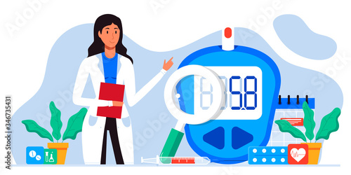 World diabetic awareness day. Glucometer, blood glucose meter, pills, syringe, insulin vial. Diabetes concept. Blood sugar test with doctor, lab assistants. For web landing page template, banner