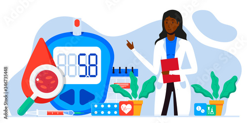 World diabetic awareness day. Glucometer, blood glucose meter, pills, syringe, insulin vial. Diabetes concept. Blood sugar test with doctor, lab assistants. For web landing page template, banner