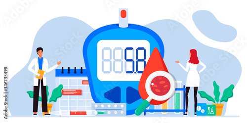 World diabetic awareness day. Glucometer, blood glucose meter, pills, syringe, insulin vial. Diabetes concept. Blood sugar test with doctor, lab assistants. For web landing page template, banner