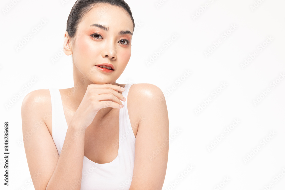 Beauty asian women touching soft chin portrait face with natural skin and skin care healthy hair and skin close up face beauty portrait.Beauty Concept on white background. Beauty asian women touching soft chin portrait face with natural skin and skin care healthy hair and skin close up face beauty portrait.Beauty Concept on white background.