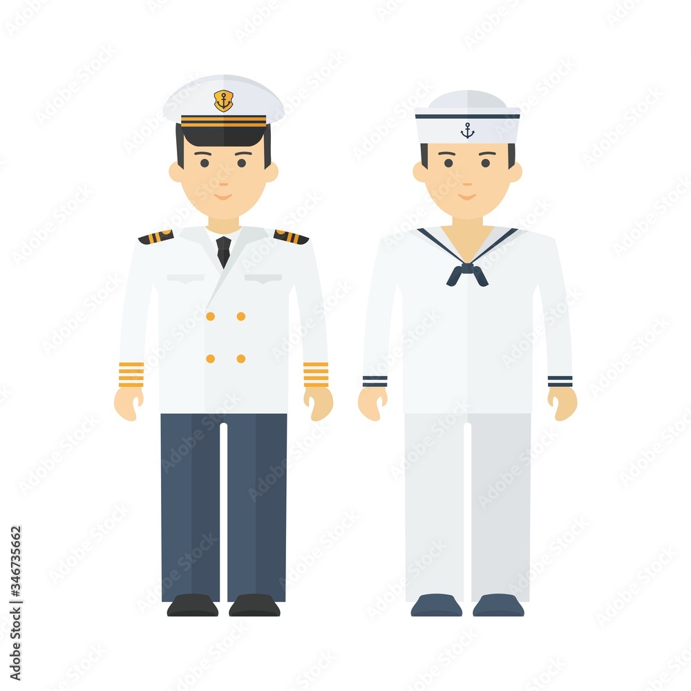 Naval captain and shipboy. Flat vector cartoon illustration Naval captain and shipboy. Flat vector cartoon illustration
