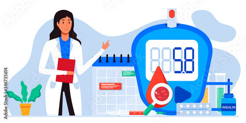 World diabetic awareness day. Glucometer, blood glucose meter, pills, syringe, insulin vial. Diabetes concept. Blood sugar test with doctor, lab assistants. For web landing page template, banner
