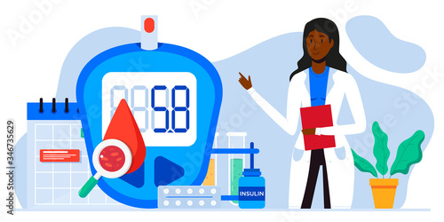 World diabetic awareness day. Glucometer, blood glucose meter, pills, syringe, insulin vial. Diabetes concept. Blood sugar test with doctor, lab assistants. For web landing page template, banner