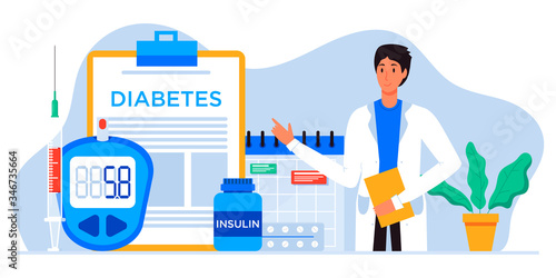 World diabetic awareness day. Glucometer, blood glucose meter, pills, syringe, insulin vial. Diabetes concept. Blood sugar test with doctor, lab assistants. For web landing page template, banner