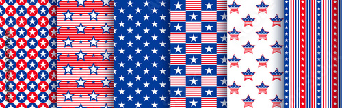 Patriotic seamless patterns with stars in the colors of the national american flag. Pattern swatches included in the Swatches panel