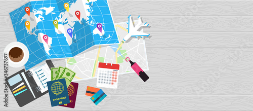 Diary for travel planning. World tour poster. Flat vector illustration.