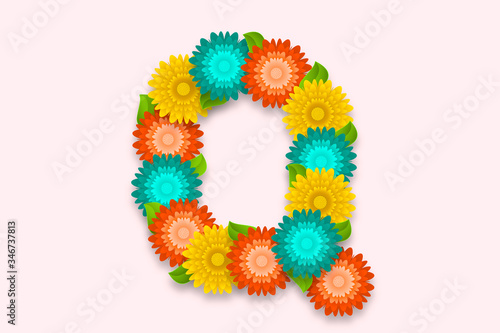 Letter Q Abstract flower Letter on isolated bright background. Decorative Floral Letter Logo illustration