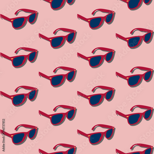 Seamless pattern of elegant women's sunglasses with tinted lenses on pink background. Tropical vacation concept