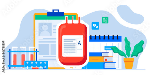 Donating blood in donation bag. Blood donor hemolytic transfusion bank. Medicine and healthcare. Hematology clinical laboratory analysis. Patient blood in test tubes. Banner, flyer, landing page