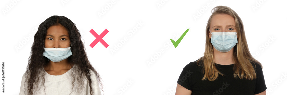 Bild zeigt zwei Frauen, die eine Maske richtig und falsch tragen Bild zeigt zwei Frauen, die eine Maske richtig und falsch tragen