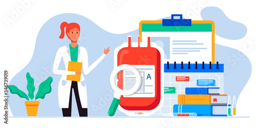 Donating blood in donation bag. Blood donor hemolytic transfusion bank. Medicine and healthcare. Hematology clinical laboratory analysis. Patient blood in test tubes. Banner, flyer, landing page