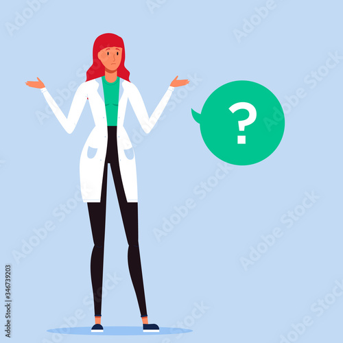 Confused female doctor character standing, thinking and making decision. Flat vector Illustration. Medical clinic or hospital staff. Question mark in speech bubble