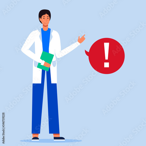 Doctor character standing, calls for attention. Pointing gesture. Flat attention medicine vector Illustration. Medical clinic or hospital staff. Exclamation point in speech bubble. Announcement banner
