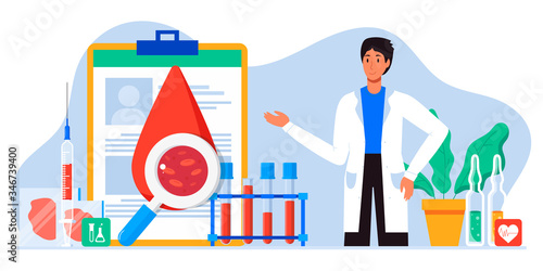 World AIDS Day1 December, red ribbon. Doctor talking about Aids and HIV awareness. Test for HIV, tube and syringe with blood. Blood clinical laboratory analysis. Banner, flyer, landing page template