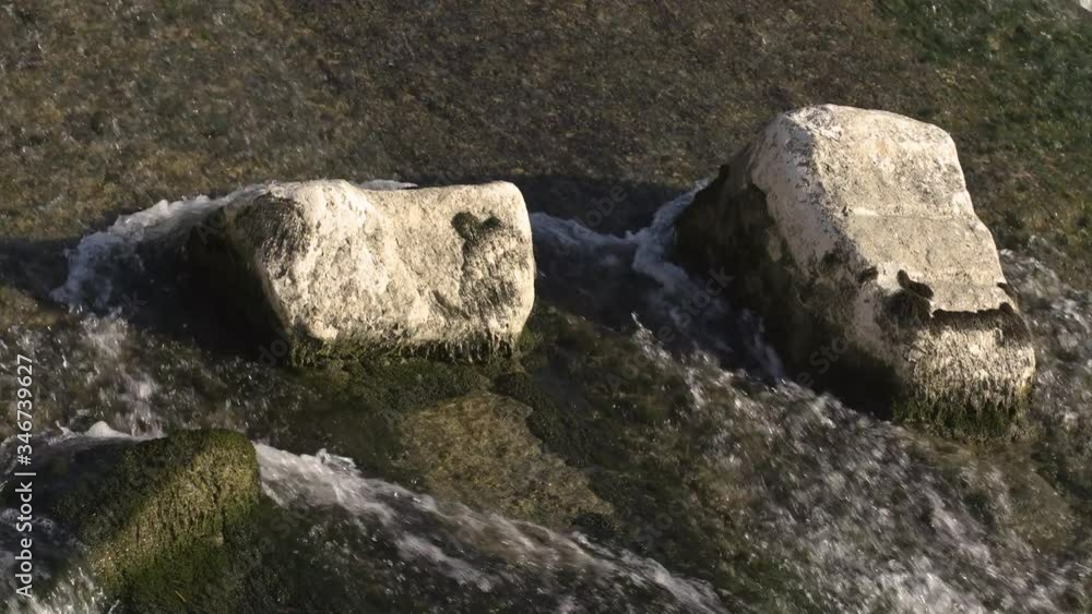 Close up slowmotion, mossy stones in the Arno river in Florence, Italy. Close up slowmotion, mossy stones in the Arno river in Florence, Italy.