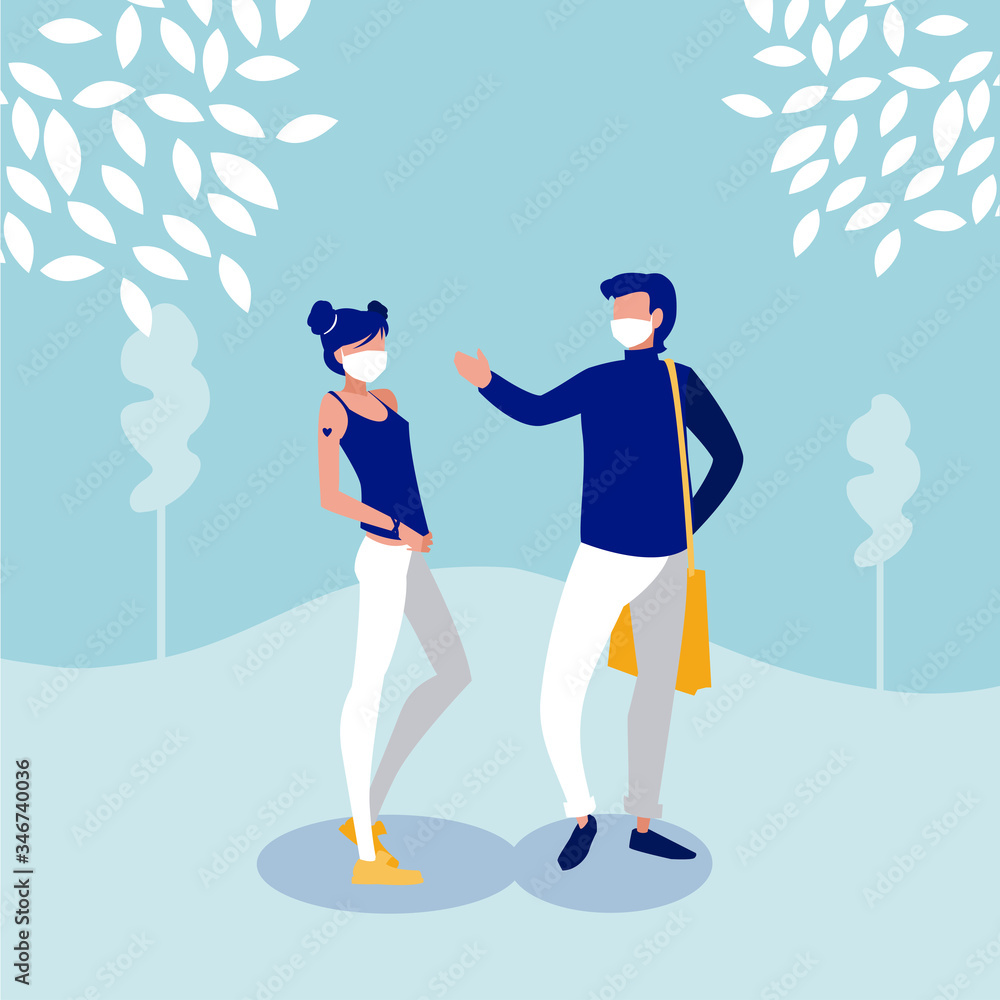 Woman and man with mask outside vector design