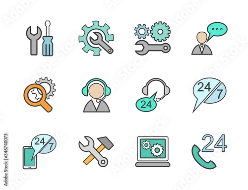 Electronics repair, icons, set, contour, color. Repair and maintenance of computers and electronics. Repair of household appliances. Vector icons.  