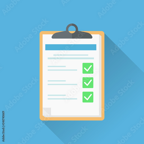 Survey form sheet vector illustration. Flat style good exam results on paper clipboard. quiz form idea, interview assessment, passed questionnaire, isolated on color background.