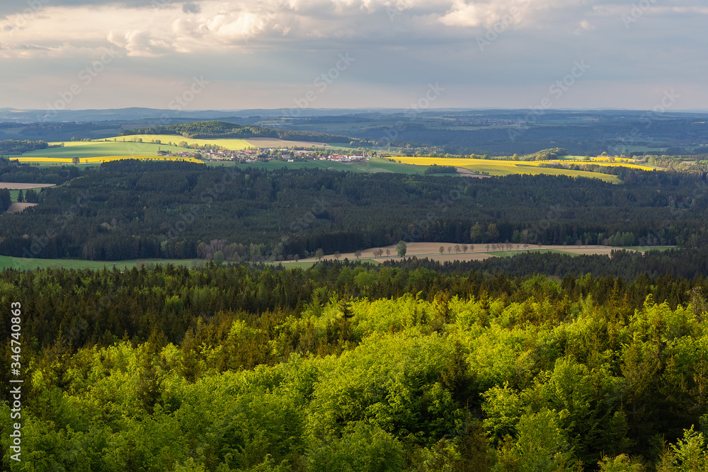 Nice aerial view to spring czech landscape valley with trees