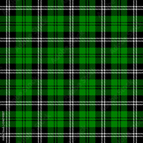 Tartan plaid. Scottish pattern in black, green and white cage. Scottish cage. Traditional Scottish checkered background. Seamless fabric texture. Vector illustration