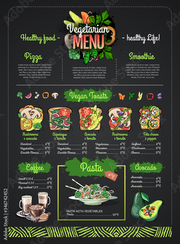 Vegetarian menu design with vegan meals. Restaurant menu