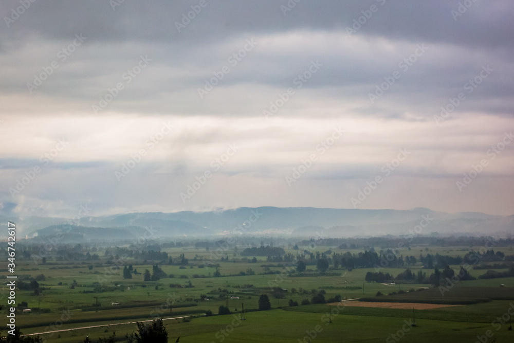 Rainy panorama over greeb plains and fields of ljubljana marshes and with clouds and mountains in the background and flowers in the foreground.