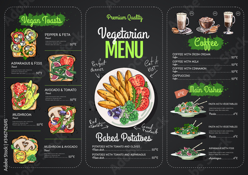 Vegetarian menu design with vegan meals. Restaurant menu