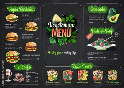 Vegetarian menu design with vegan meals. Restaurant menu