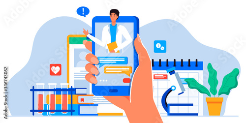 Smartphone screen with male therapist on chat in messenger and an online consultation. Vector flat illustration. Ask doctor. Online medical advise or consultation service, tele medicine, cardiology