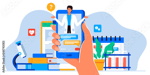 Smartphone screen with male therapist on chat in messenger and an online consultation. Vector flat illustration. Ask doctor. Online medical advise or consultation service, tele medicine, cardiology