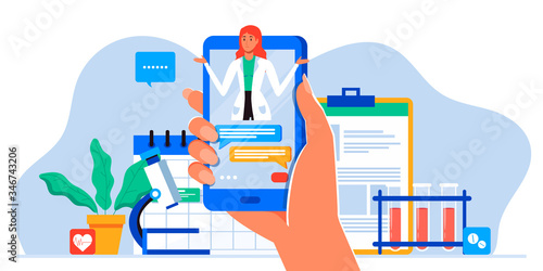 Smartphone screen with male therapist on chat in messenger and an online consultation. Vector flat illustration. Ask doctor. Online medical advise or consultation service, tele medicine, cardiology