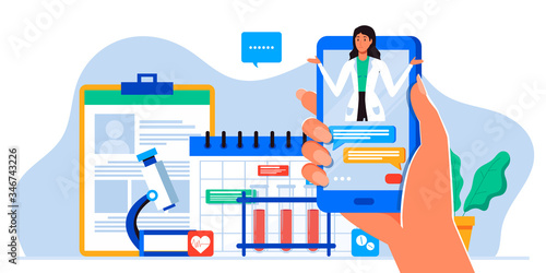 Smartphone screen with male therapist on chat in messenger and an online consultation. Vector flat illustration. Ask doctor. Online medical advise or consultation service, tele medicine, cardiology