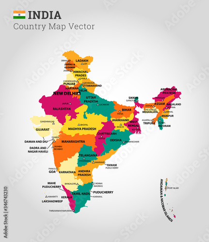 Illustration of a detailed map of India, Aisa. Colorful Map of India with all states and country boundaries.