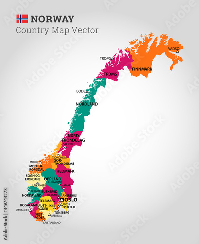 Detailed Map Of Norway - Vector Illustration