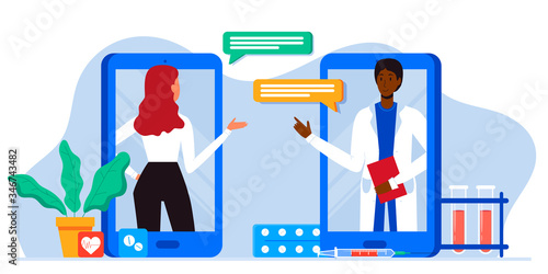 Doctor appointment. Online consultation. Modern healthcare technologies. Hospital. Young patient character talking with doctor via phone. Telemedicine, consultation, therapy, pharmacy. App, messenger.