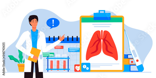 Lung inspection. Pulmonology of human vector illustration for website, app, banner. Fibrosis, virus, tuberculosis, pneumonia, cancer, lung diagnosis doctors treat, scan lungs. Medical office equipment