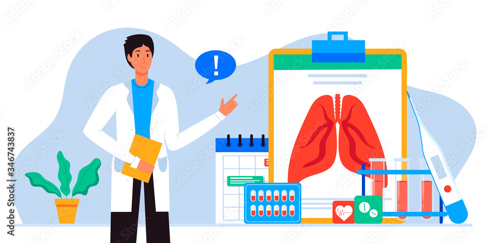 Lung inspection. Pulmonology of human vector illustration for website, app, banner. Fibrosis, virus, tuberculosis, pneumonia, cancer, lung diagnosis doctors treat, scan lungs. Medical office equipment