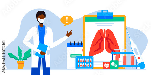 Lung inspection. Pulmonology of human vector illustration for website, app, banner. Fibrosis, virus, tuberculosis, pneumonia, cancer, lung diagnosis doctors treat, scan lungs. Medical office equipment