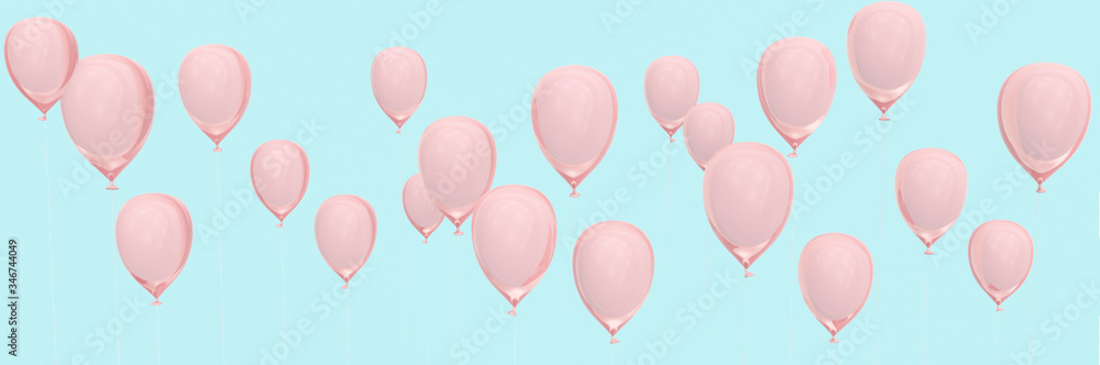 3d render illustration of many flying balloons. Retro 80's style. Pink and blue colors. 