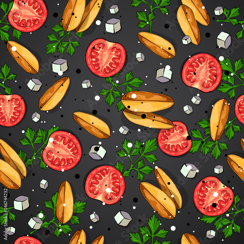 Fototapeta Naklejka Na Ścianę i Meble -  Seamless pattern with baked potatoes, tomato and parsley. Vegan background