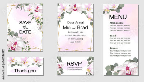 Vector floral template for wedding invitations. Pink royal orchids flowers  polygonal gold frame  green plants  leaves. All elements are isolated. Invitation card  thanks  rsvp  menu.
