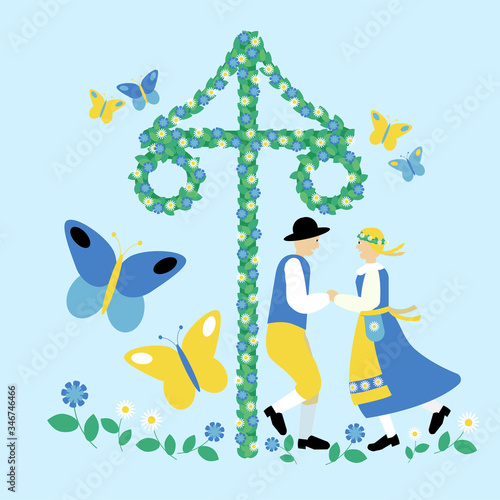 Swedish midsummer. A traditional Maypole with a loving dancing couple, butterflies and flowers.  Celebration of midsummer. 