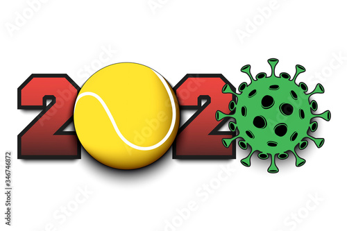 Numbers 2020 and coronavirus sign with tennis ball. Stop covid-19 outbreak. Caution risk disease 2019-nCoV. Cancellation of sports tournaments. Vector illustration